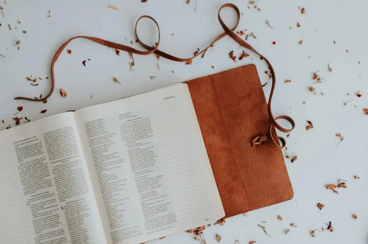 Biblia abierta junto a su tapa de gamuza café y la tira de cuero suelta, entre pétalos secos sobre fondo blanco