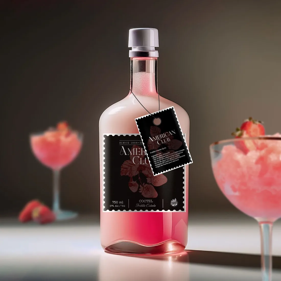 Botella rosada del cóctel American Club de Dellepiane Spirits, con etiqueta negra, junto a copas con granizado de frutilla