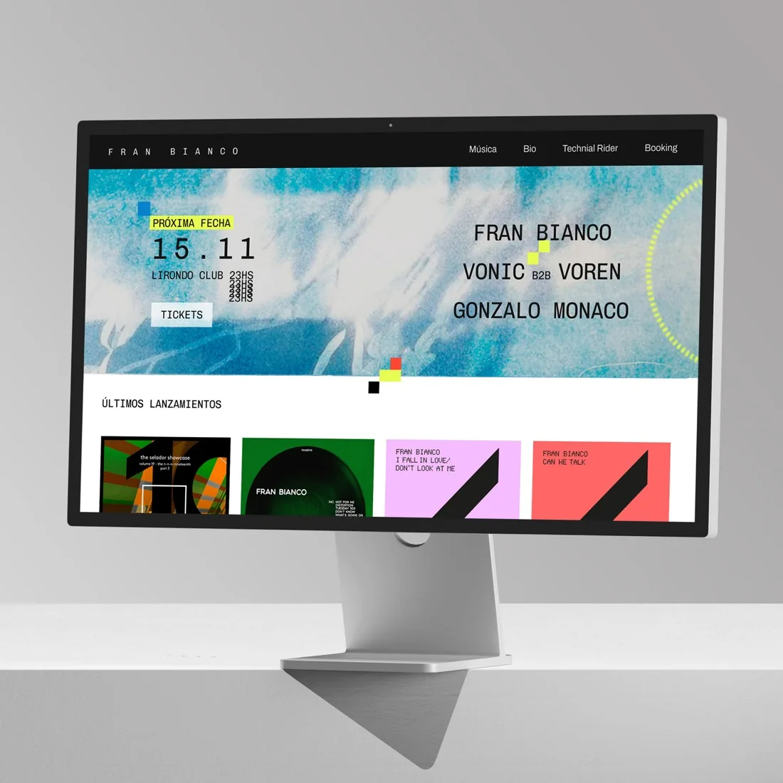 Sitio web del músico Fran Bianco en un monitor de escritorio, con su próxima fecha y sus últimos lanzamientos