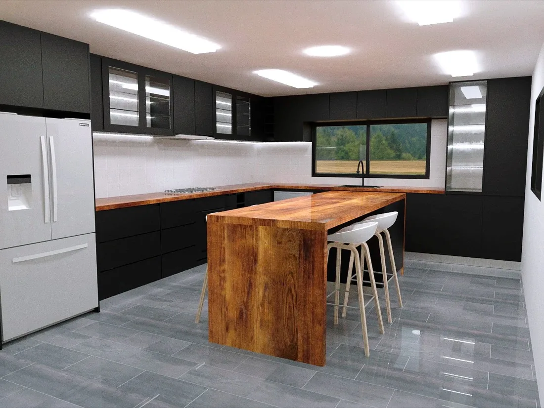 Render de una cocina contemporánea con muebles negros, isla de madera con pisos altos y porcelanato gris