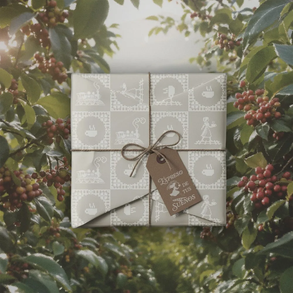 Paquete de Expreso de tus Sueños envuelto en papel con patrón pixel, atado con hilo y etiqueta kraft, entre cafetos con frutos rojos