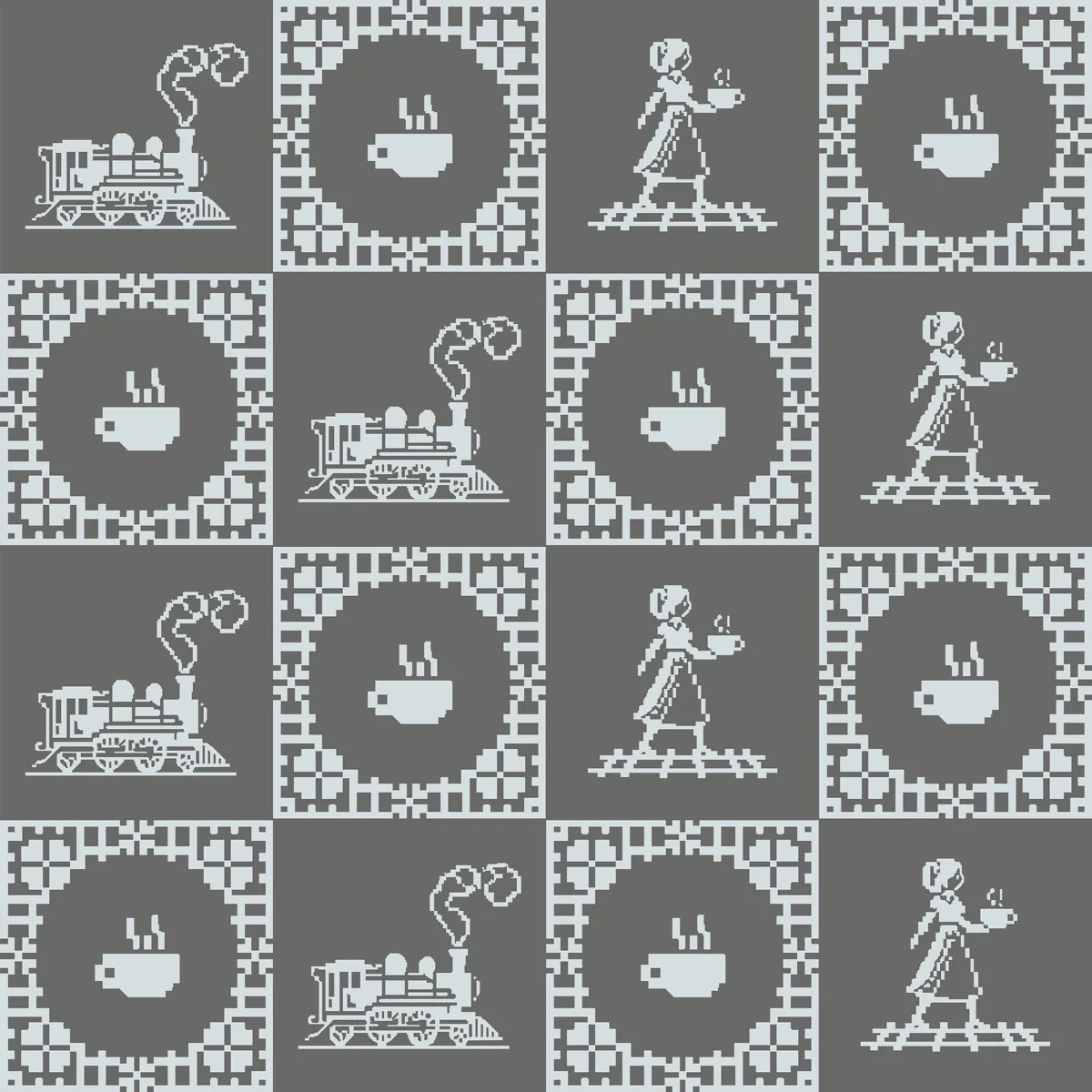 Patrón pixel de Expreso de tus Sueños en gris: locomotora, taza humeante y la soñadora sobre rieles, en cuadros alternos