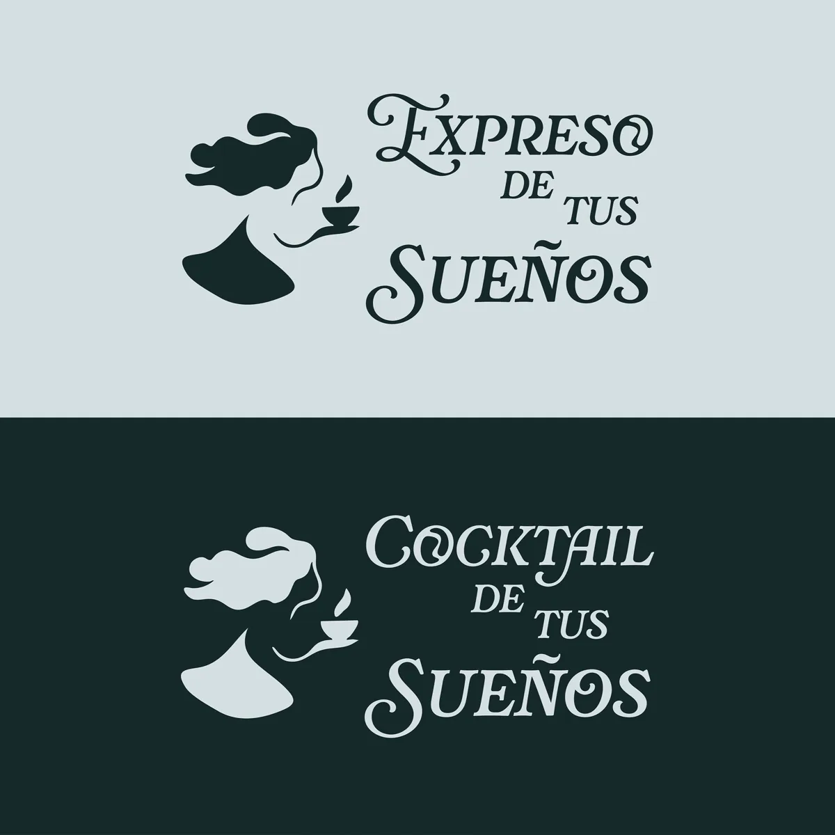 Dos versiones del logotipo: Expreso de tus Sueños en verde oscuro sobre gris claro y Cocktail de tus Sueños en tono claro sobre verde oscuro