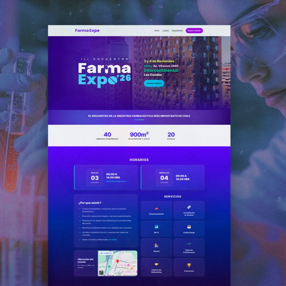 Landing de FarmaExpo 2026 en violeta y azul eléctrico, con el formulario de inscripción y la agenda de la feria