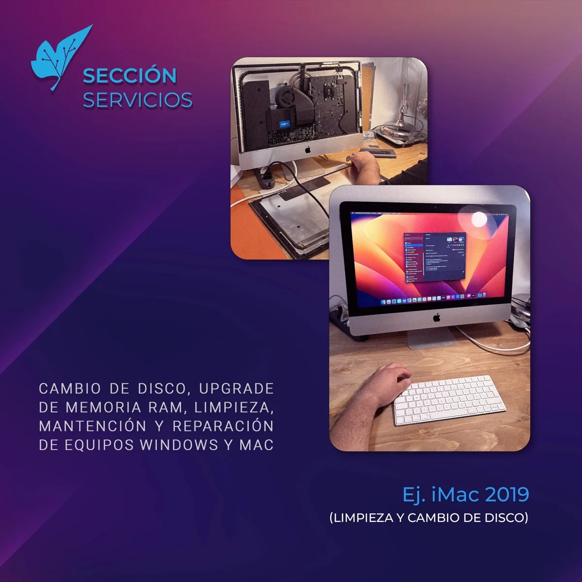 Post «Sección Servicios» de Nodex: un iMac 2019 abierto por dentro y luego encendido, junto a la lista de cambio de disco, ampliación de RAM, limpieza y reparación de equipos Windows y Mac