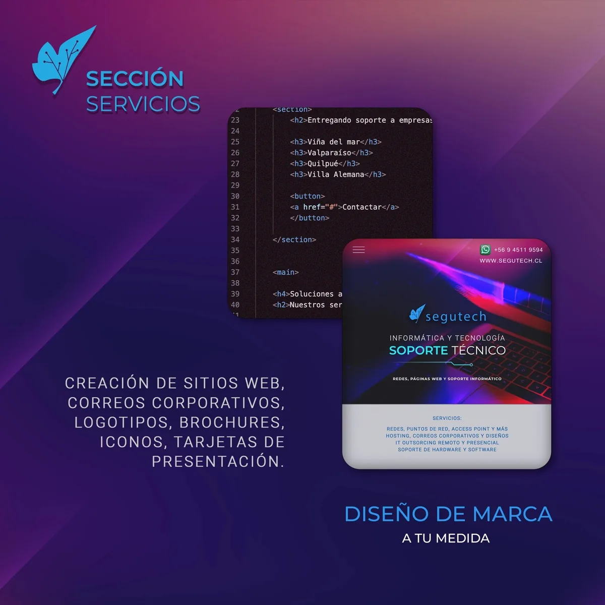 Post «Sección Servicios» de Nodex: código HTML de un sitio junto a la portada móvil de Segutech, con la oferta de sitios web, correos corporativos y diseño de marca a la medida