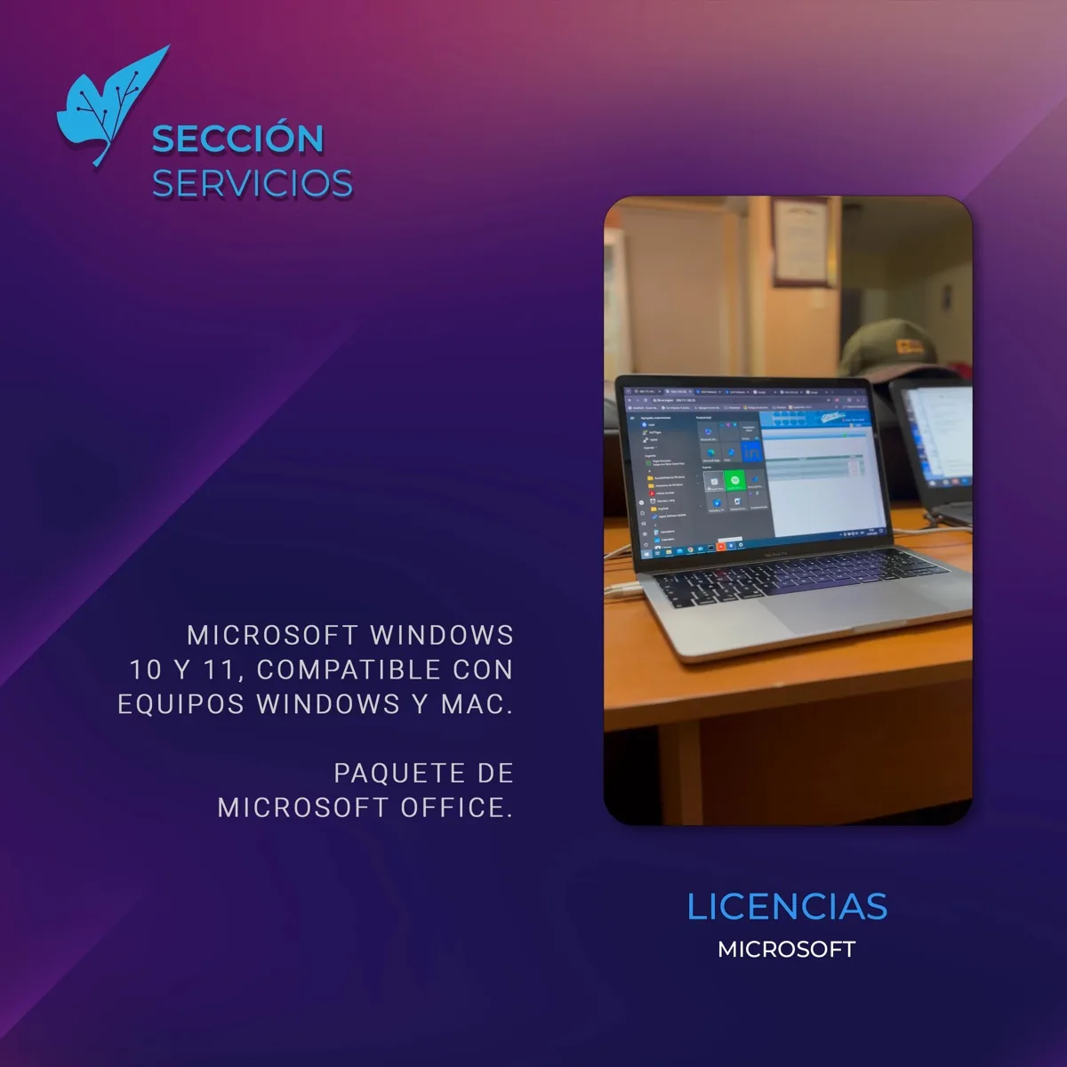 Post «Sección Servicios» de Nodex sobre licencias Microsoft: un notebook con Windows sobre un escritorio de madera, junto al texto sobre Windows 10 y 11 y el paquete Office