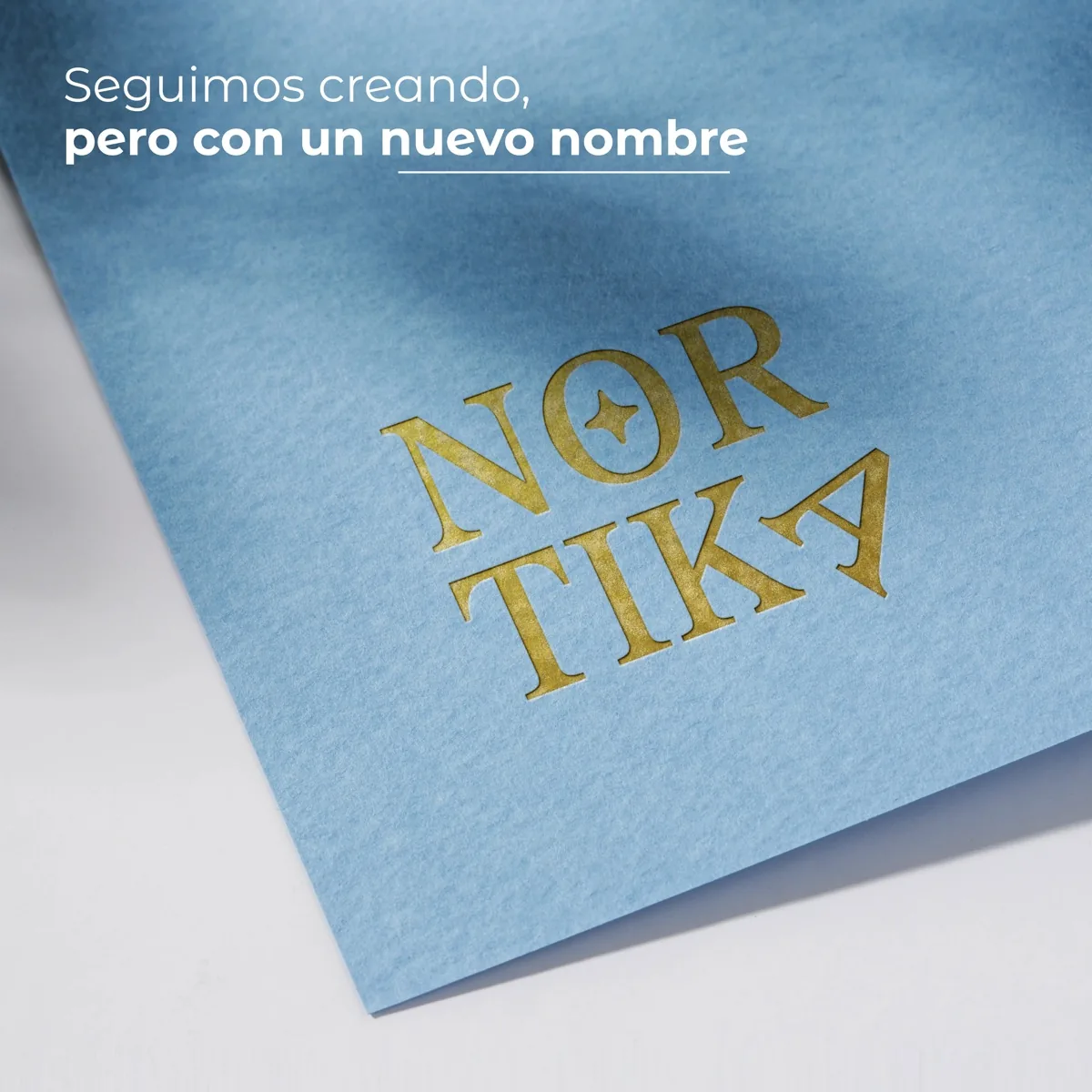La palabra Nortika en hot-stamping dorado sobre papel celeste