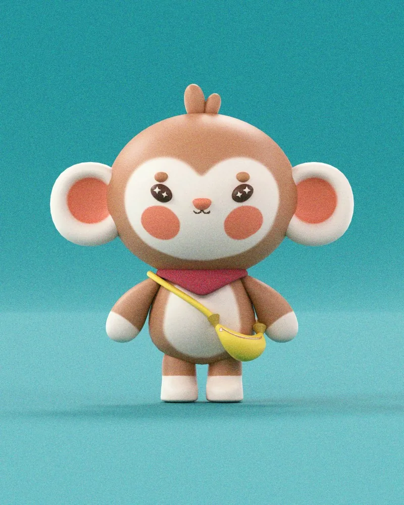 Vini, un mono kawaii en 3D con bandana y riñonera, sobre fondo turquesa
